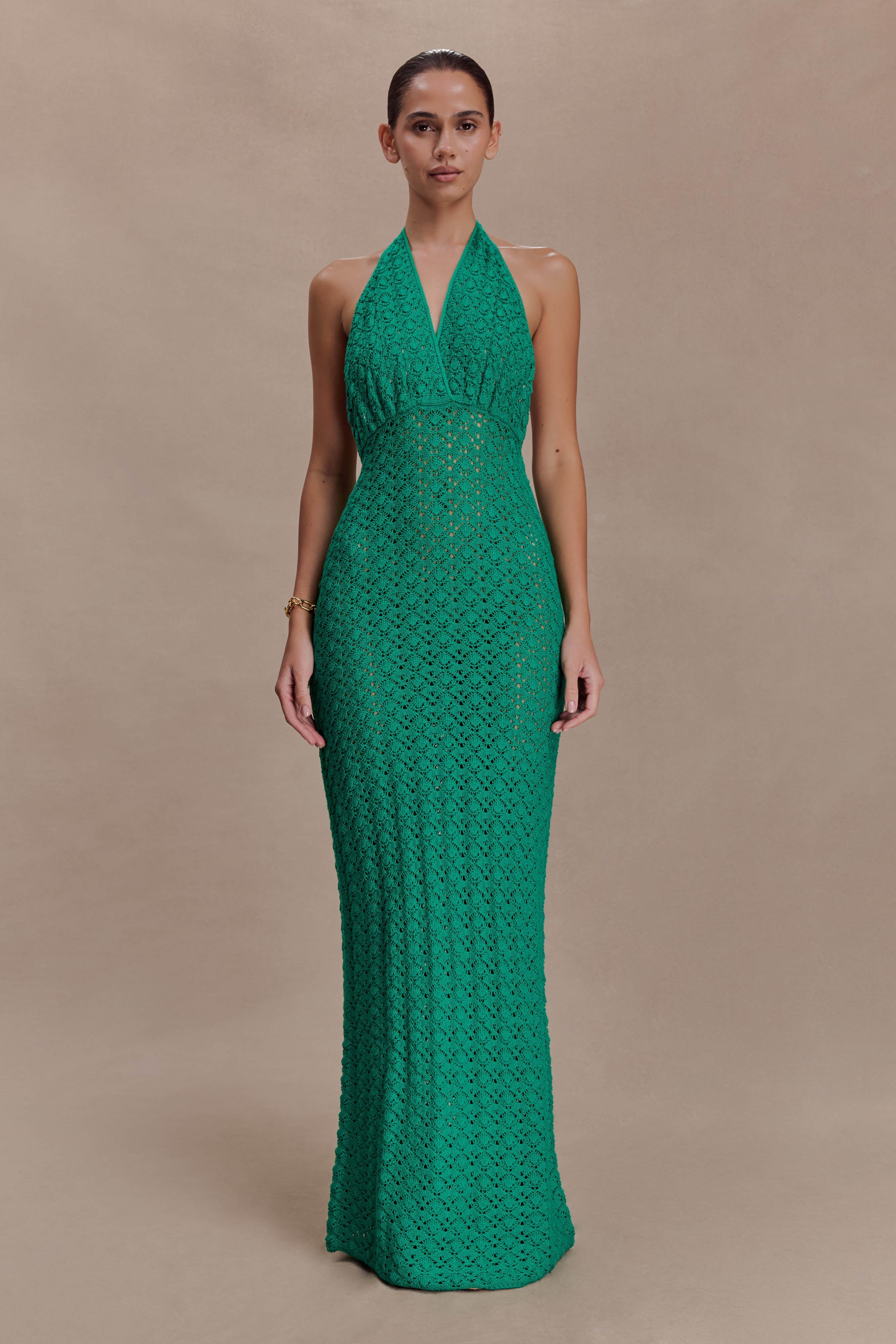 Deeliah Halterneck Crochet Maxi Dress - Emerald