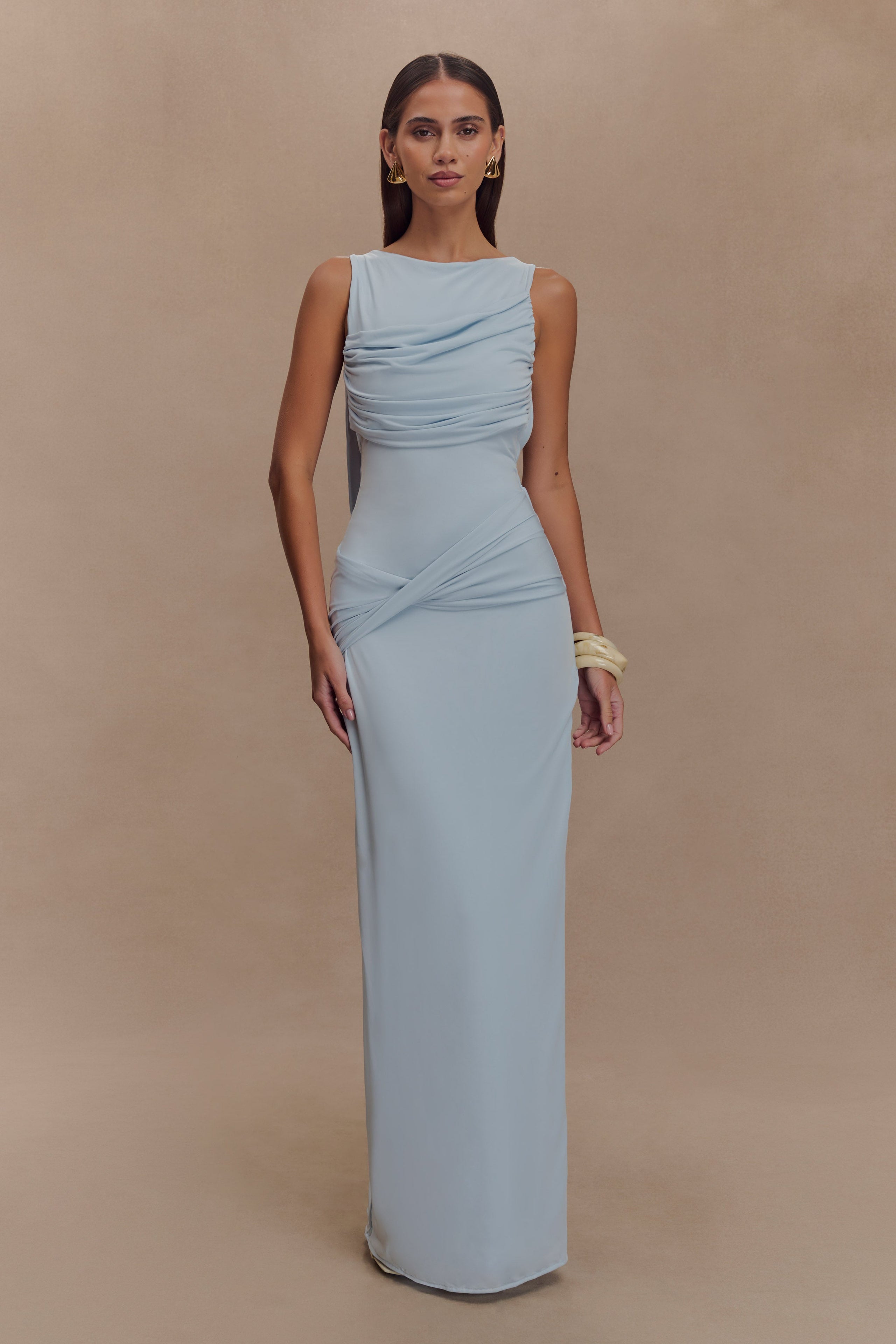 Henley Slinky Drape Maxi Dress - Pale Blue