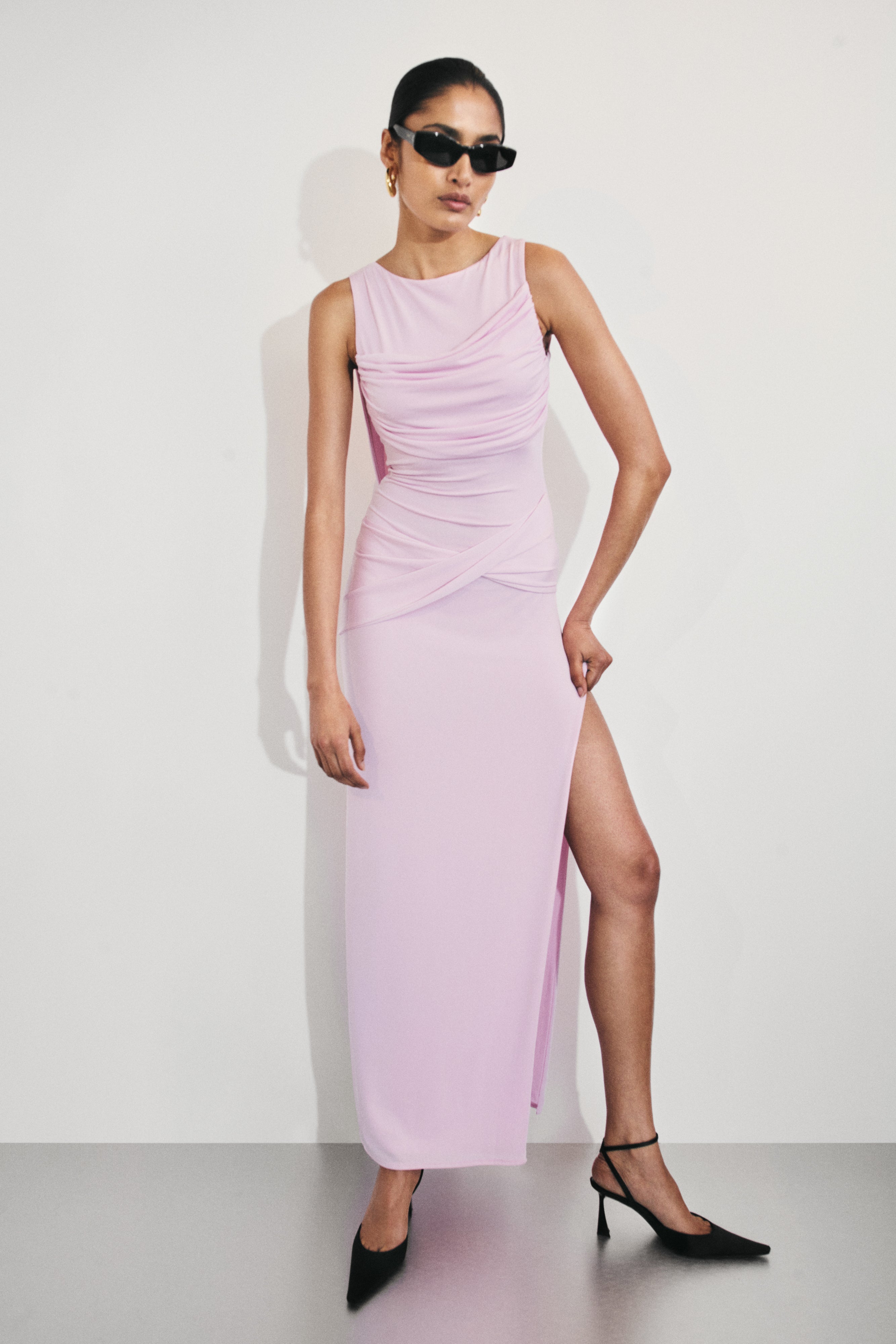 Henley Slinky Drape Maxi Dress - Baby Pink