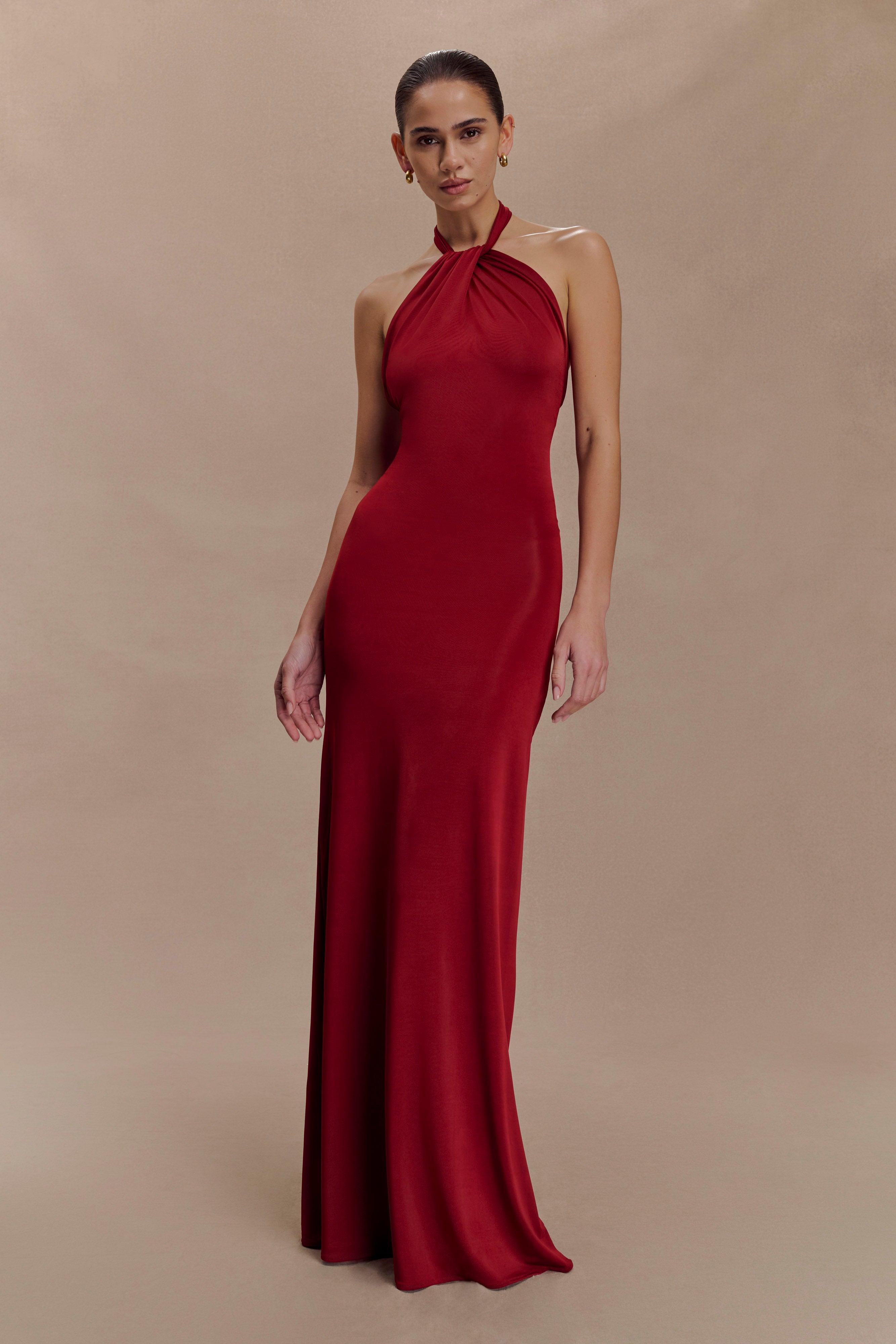 Elyna Slinky Halter Maxi Dress - Deep Red