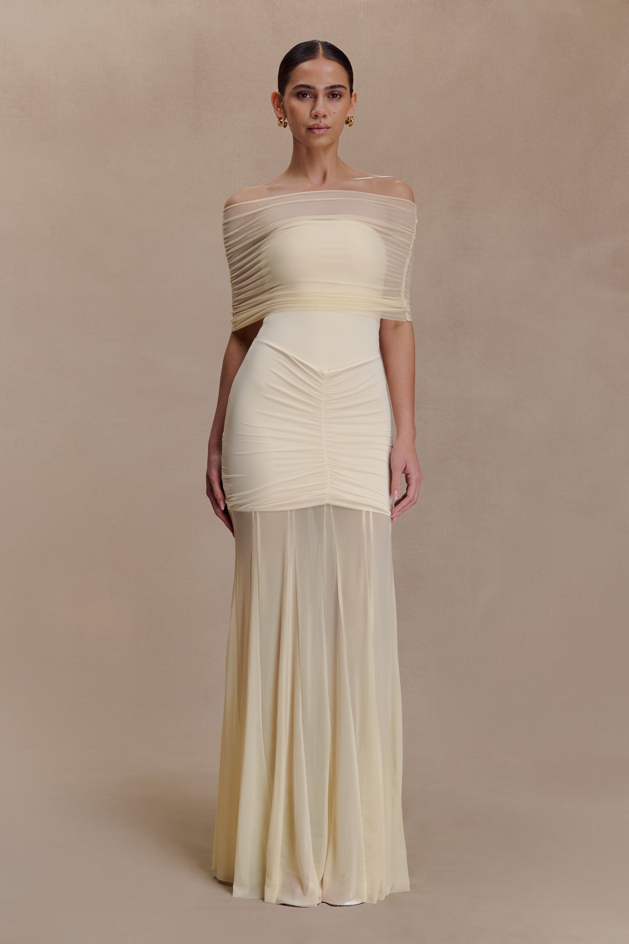 Caspian Slinky And Mesh Off Shoulder Maxi Dress - Ivory