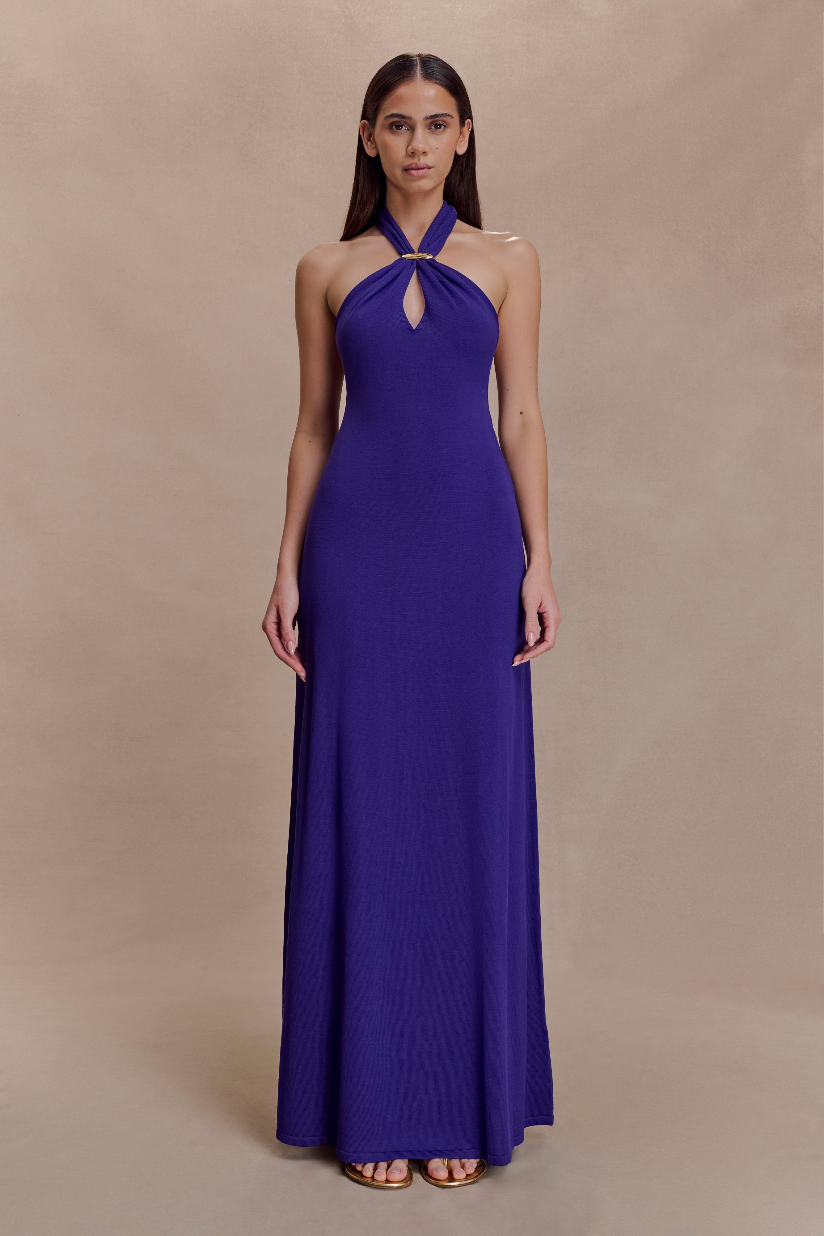 Ozias Halter Semi Sheer Knit Maxi Dress - Deep Purple
