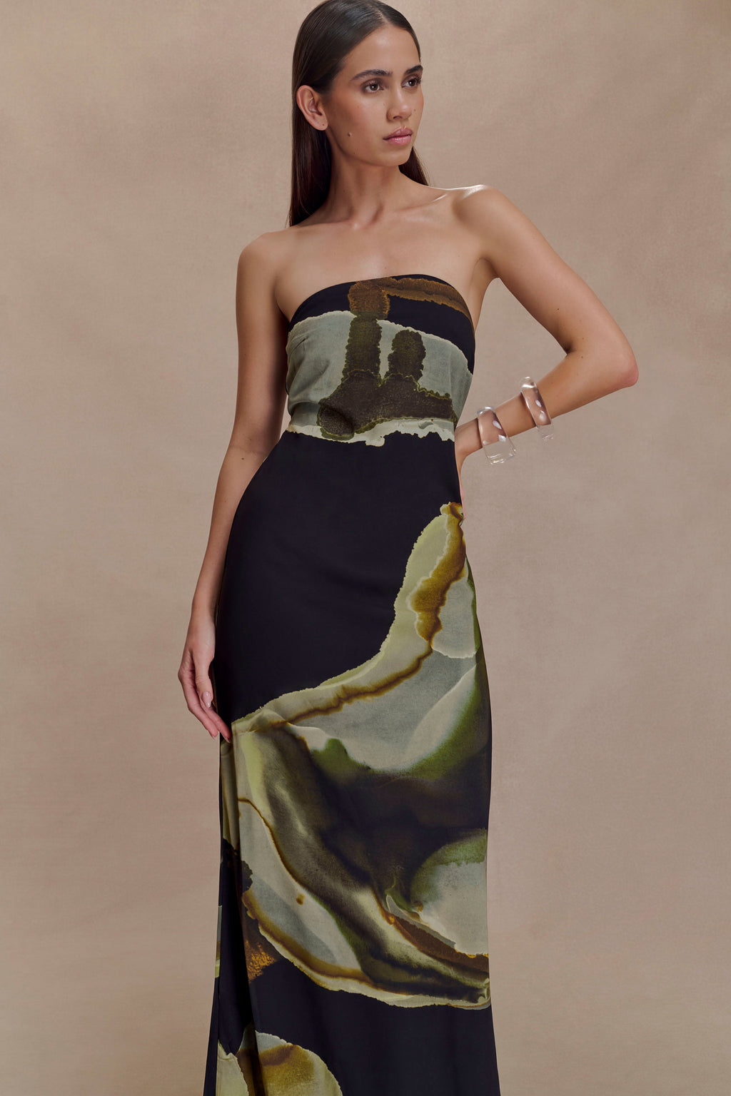 Amaya Strapless Chiffon Maxi Dress - Green Fluid Reverie Print