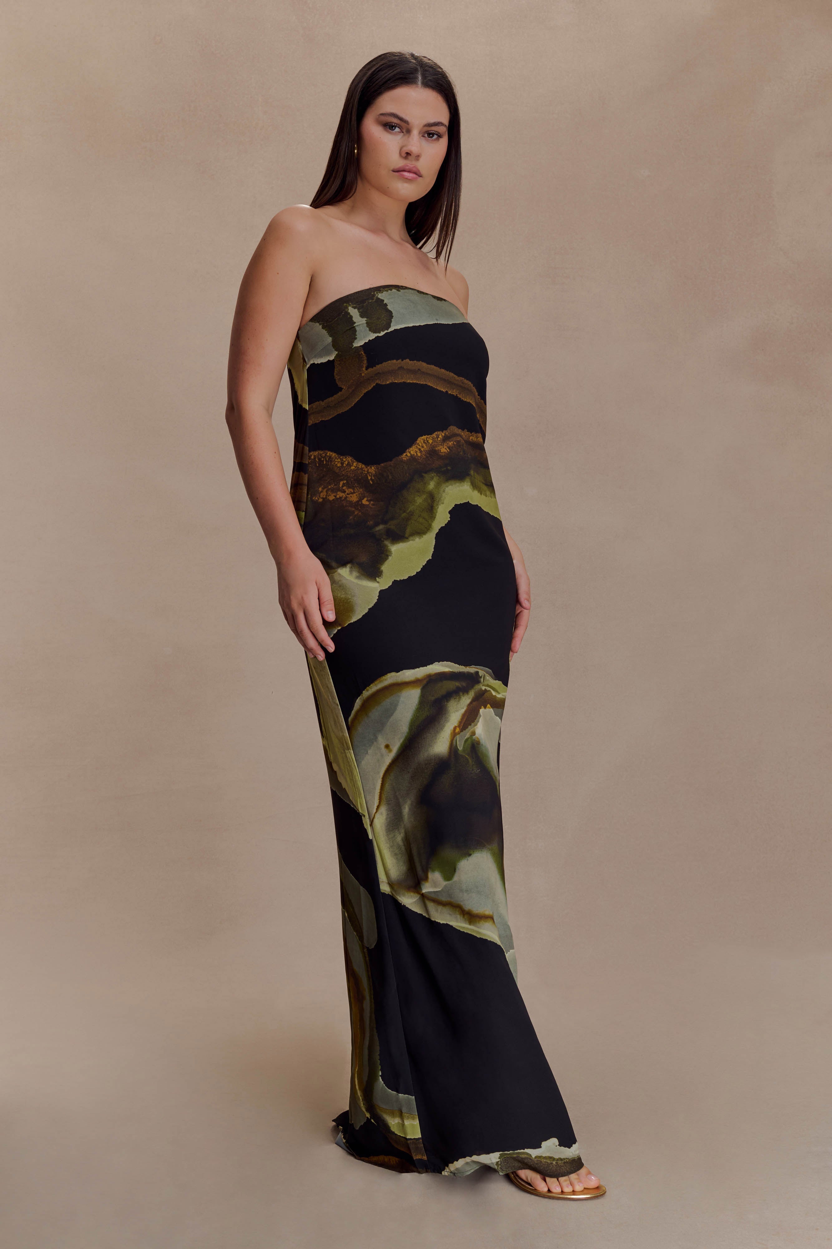 Amaya Strapless Chiffon Maxi Dress - Green Fluid Reverie Print