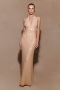 Harriet Halter Neck Diamante Maxi Dress - Sandy Gold