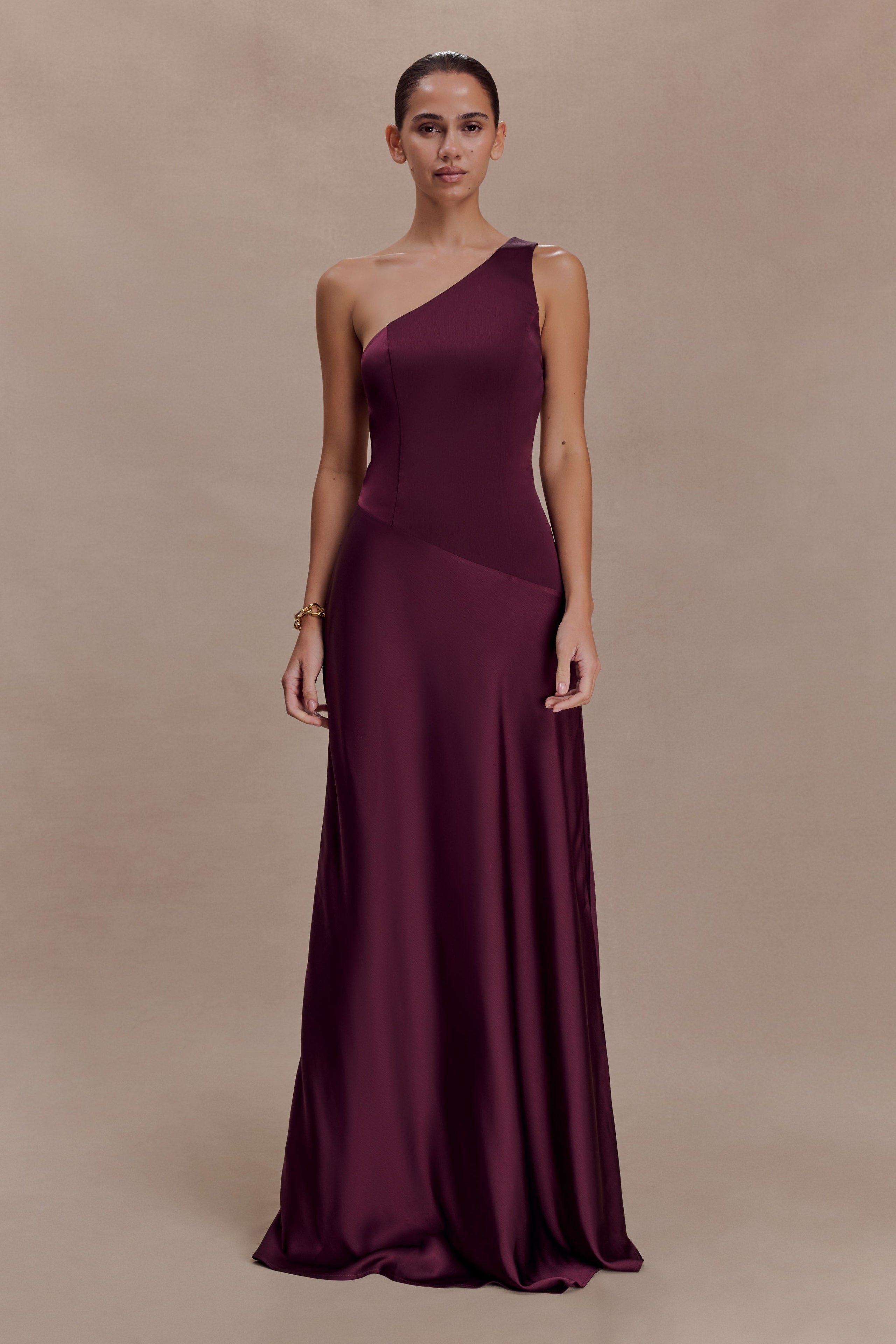 Lyla Asymmetrical Satin Maxi Dress - Plum