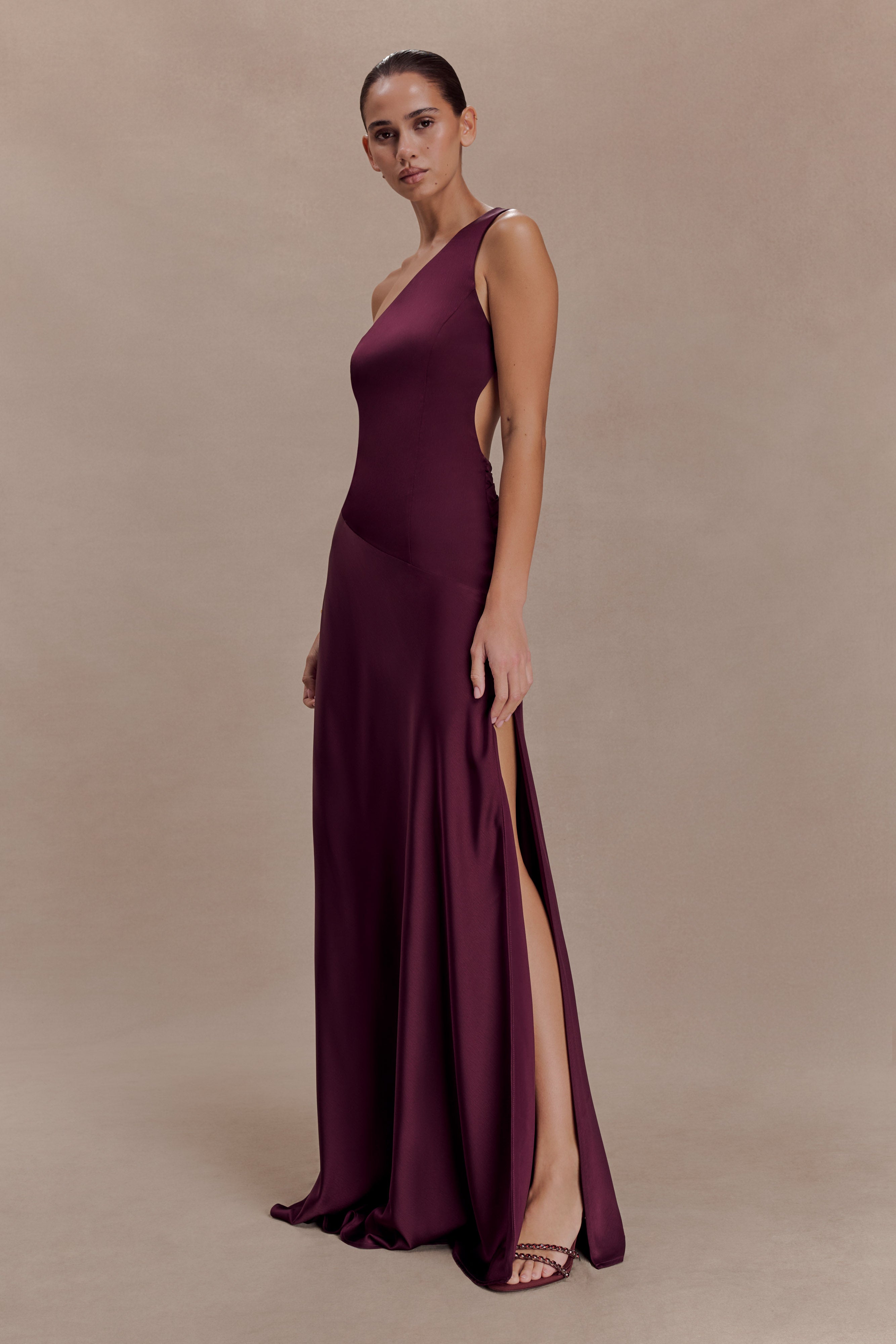Lyla Asymmetrical Satin Maxi Dress - Plum