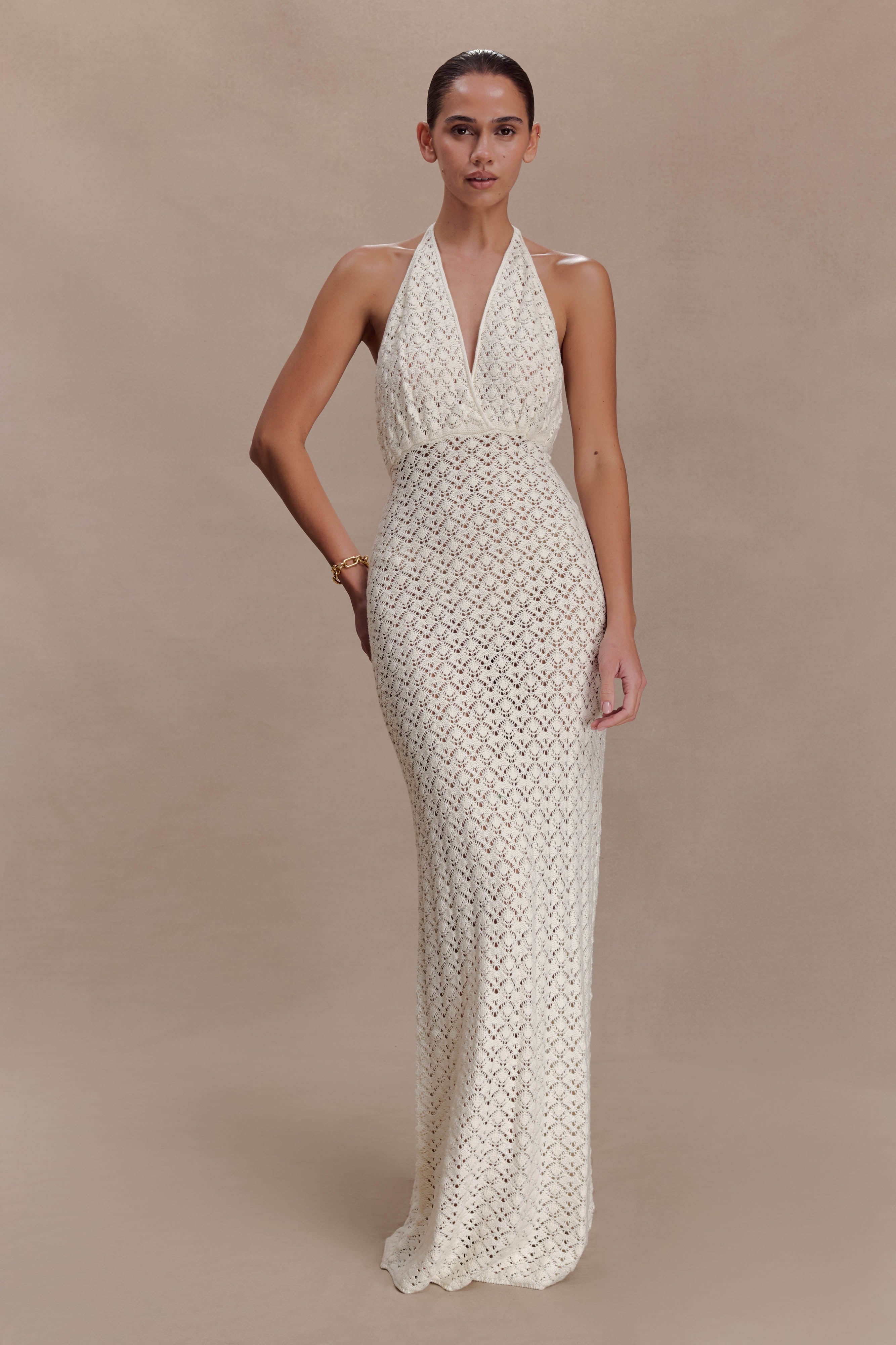 Deeliah Halterneck Crochet Maxi Dress -  Ivory