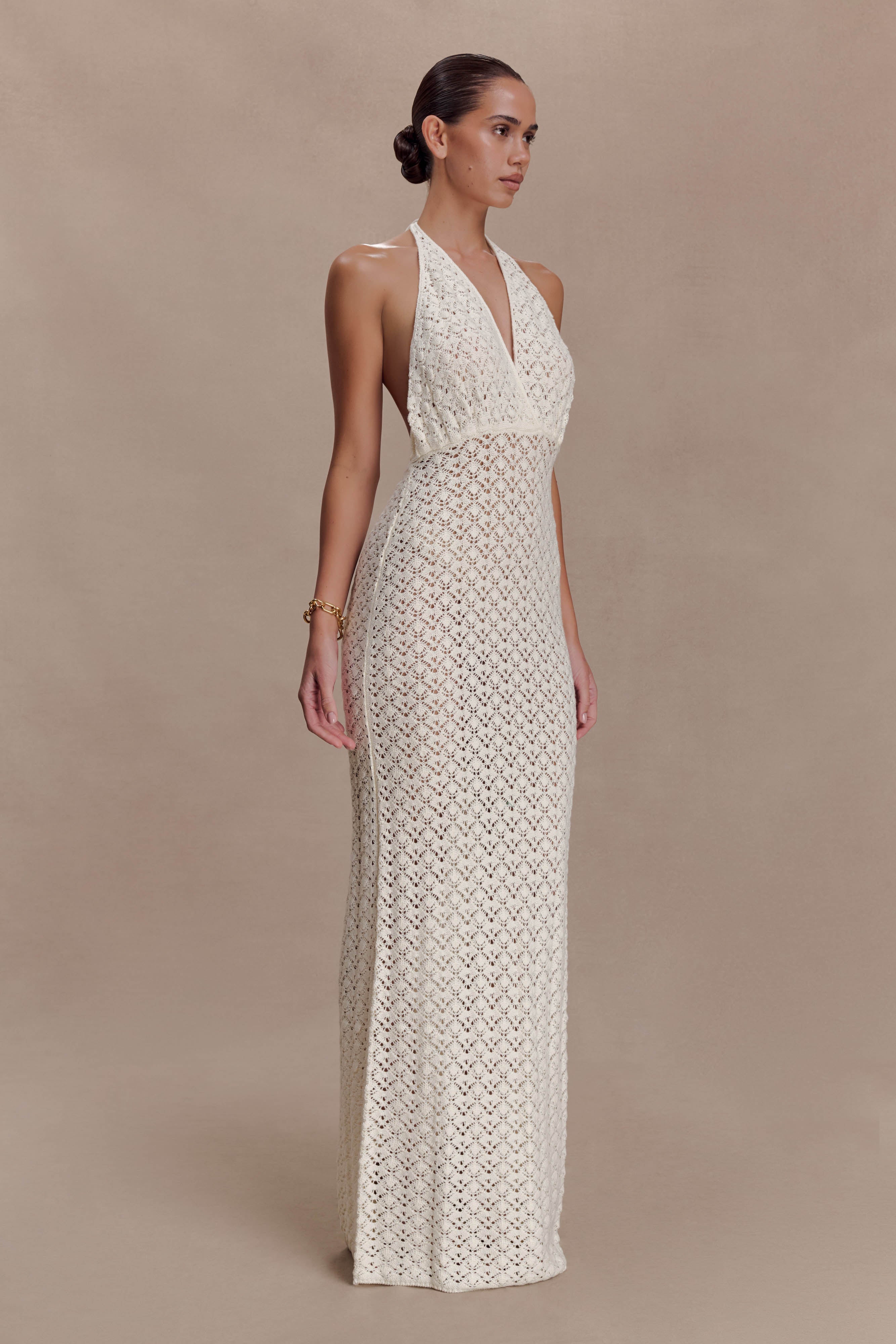 Deeliah Halterneck Crochet Maxi Dress -  Ivory