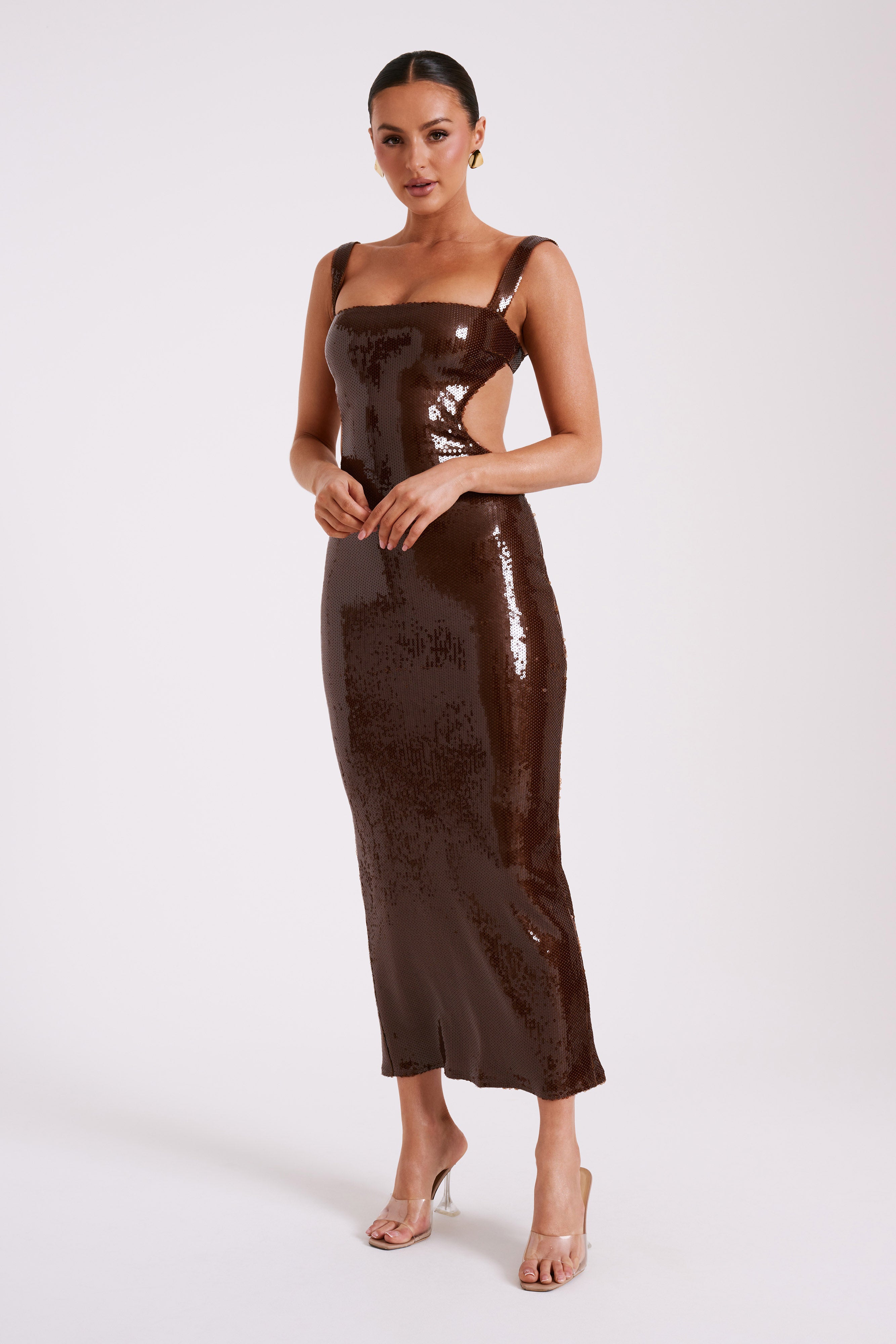 Adoria Sequin Cut Out Maxi Dress - Chocolate