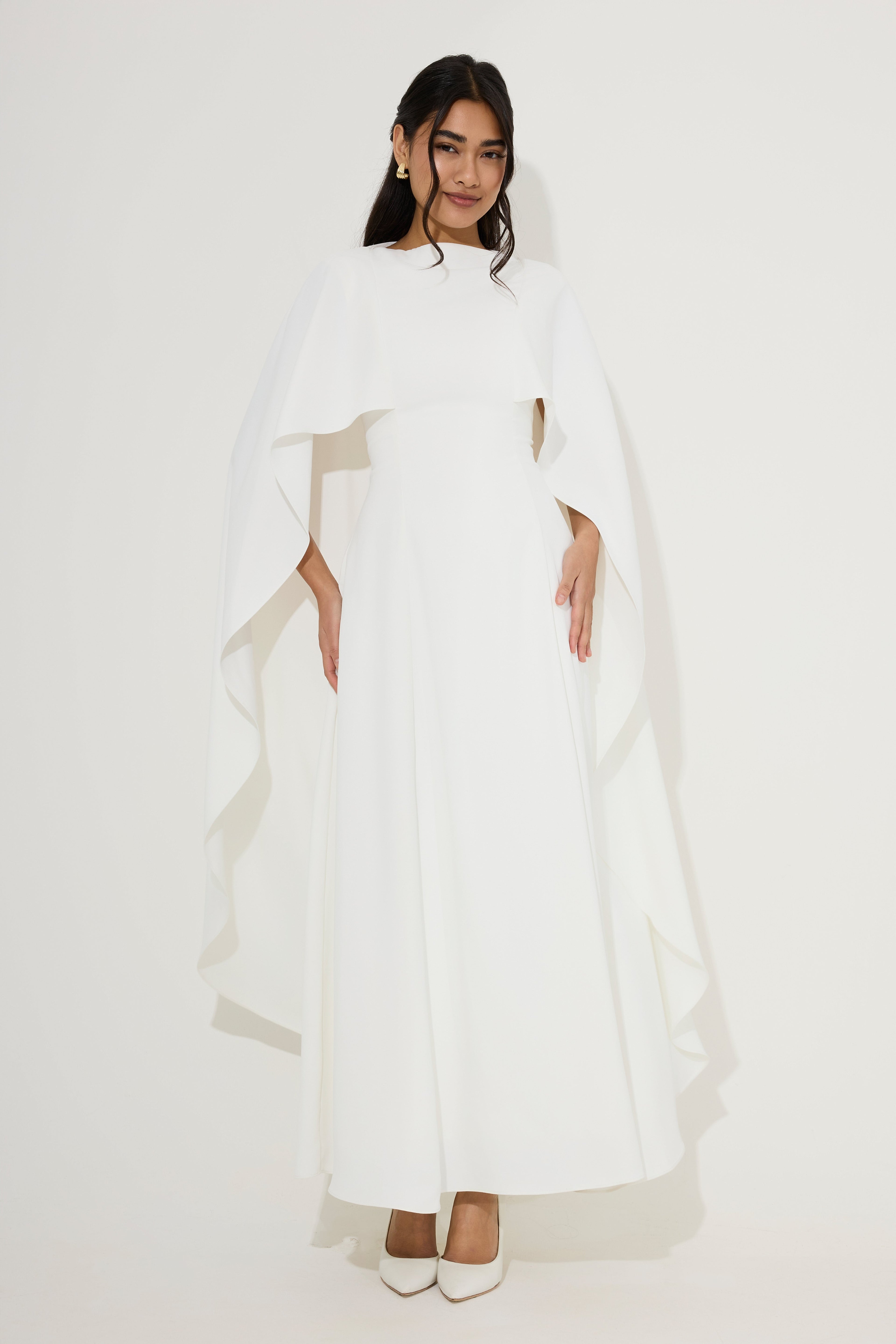 white square neck midi dress with cape sleeves Esme | White Square-Neck Maxi Dress With Cape Sleeves