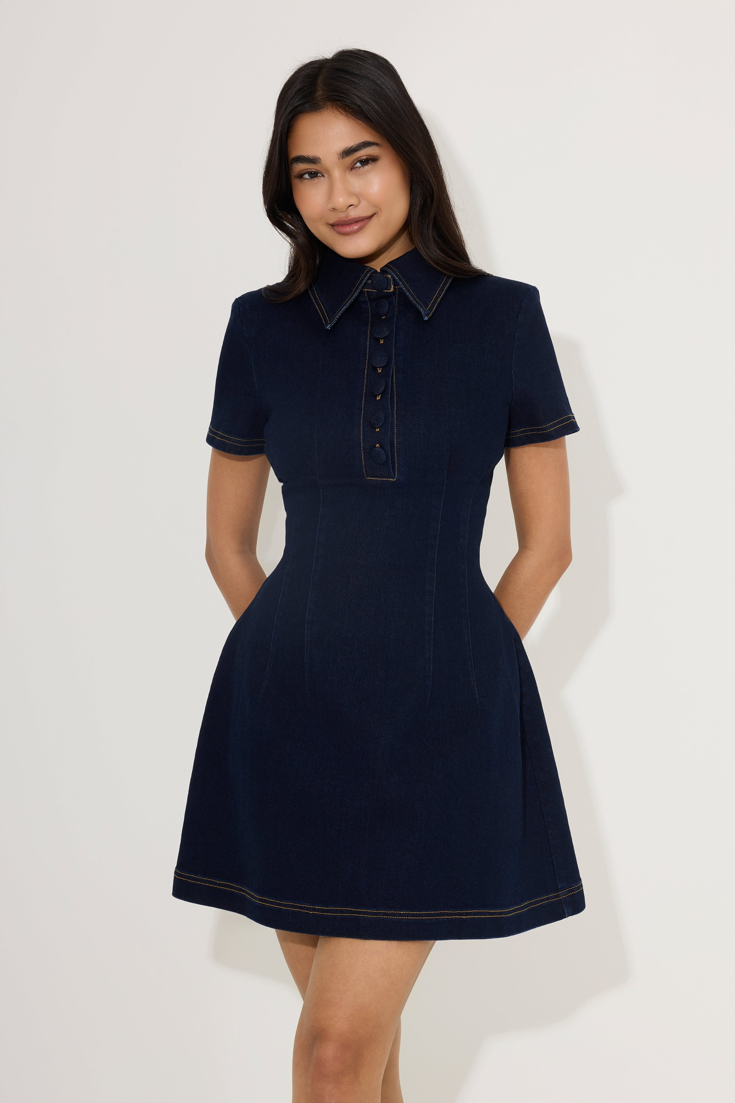 Cotton Mix Denim Collared Mini Dress
