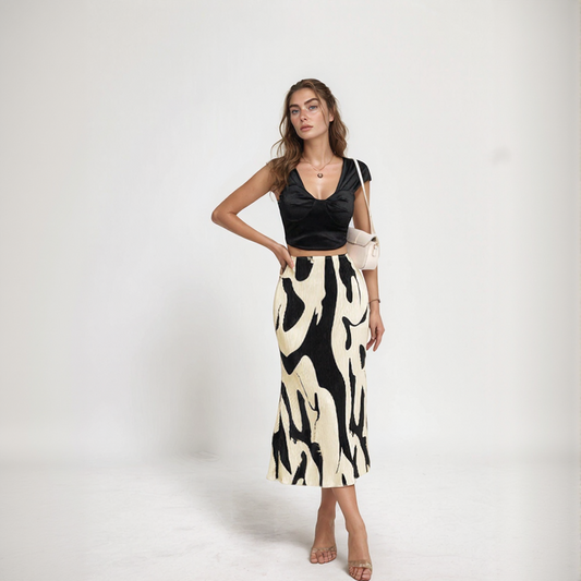 Abstract Brushstroke Print Midi Skirt